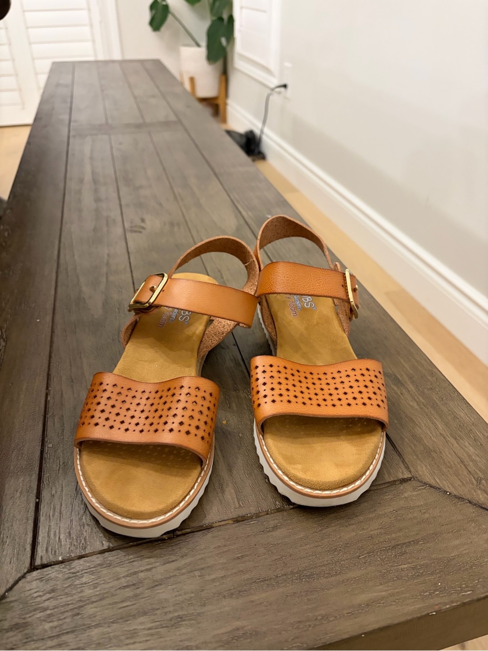 Skechers Women's Tan Perforated Leather Sandals with Buckle Strap
